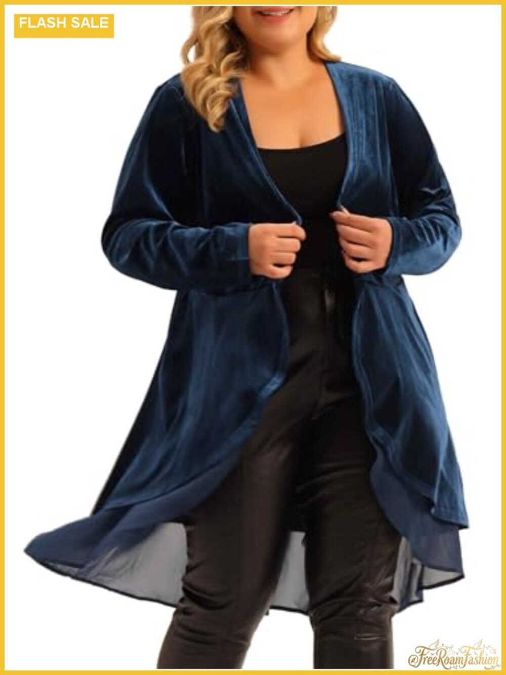 Plus Size Ruffled Asymmetric Long Velvet Cardigan Jacket